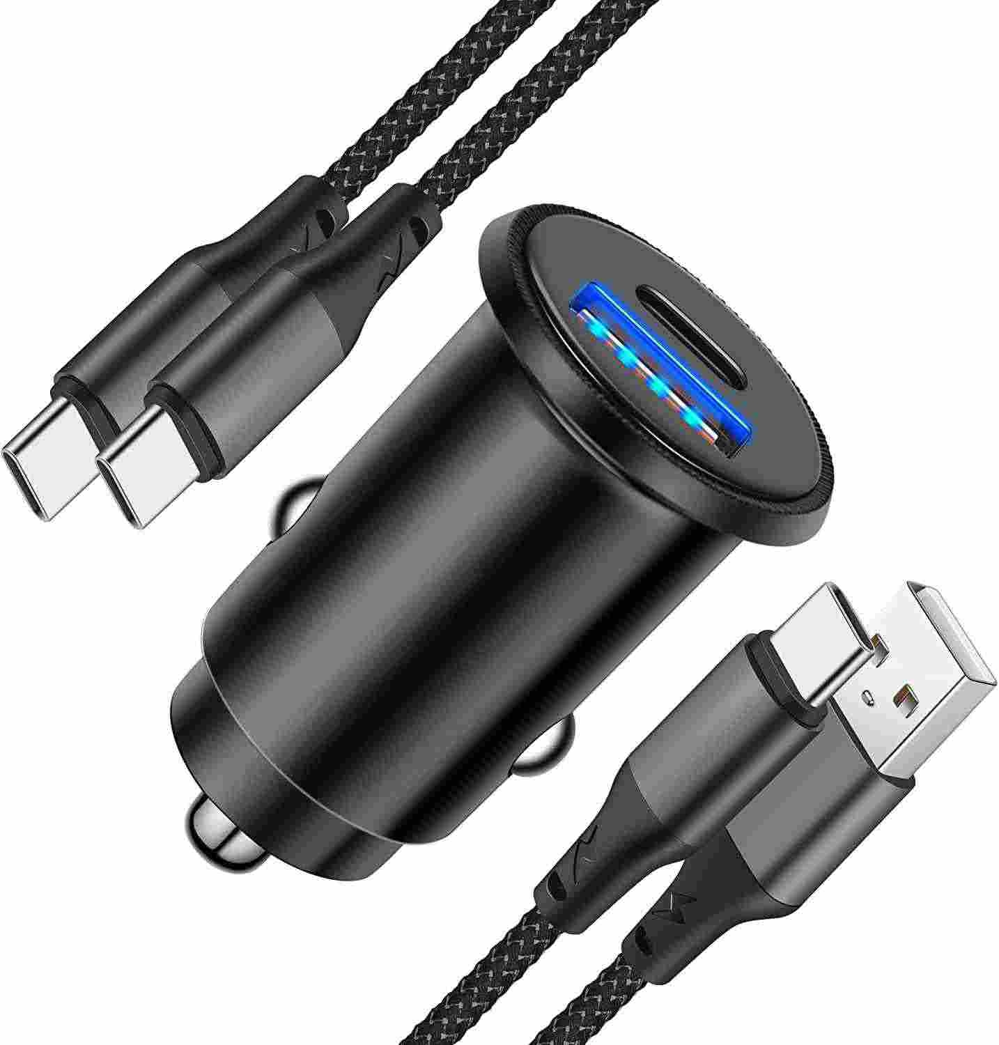 CREAPICO 38W USB C Car Charger with 2 USB-C Cables, 12-24V Dual-Port Auto USB Adapter with PD/QC3.0 Compatible with Handys (Samsung, Xiaomi, Google, Moto, OnePlus), Tablets (iPad), etc. - Black