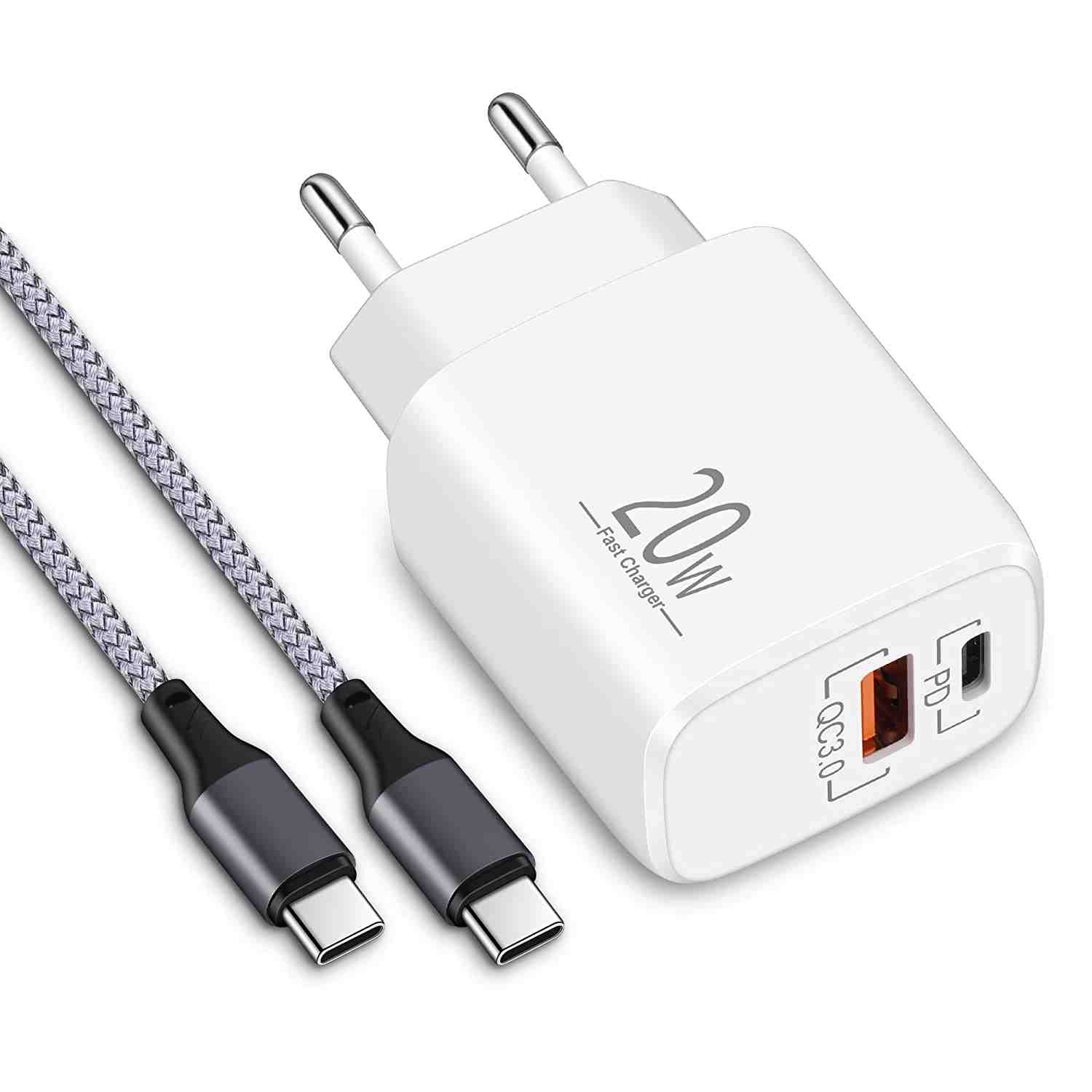 CREAPICO 20W USB C Fast Charger with 2m Nylon Braided Type-C Cables - White