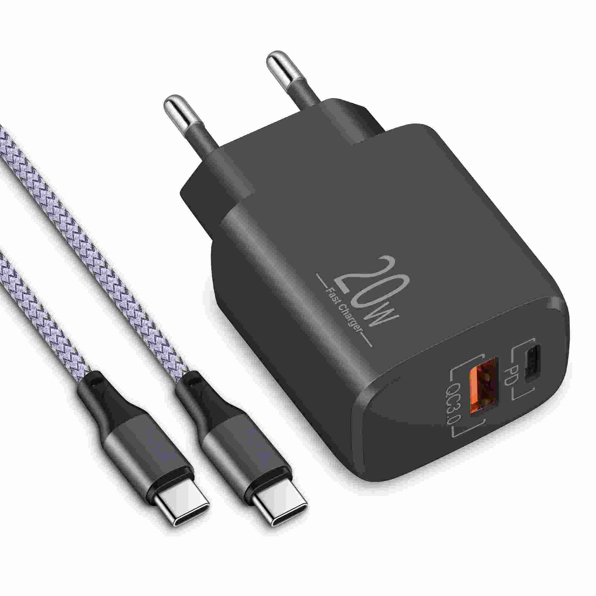 CREAPICO 20W USB C Fast Charger With 2m Nylon Braided Type-C Cables - Black