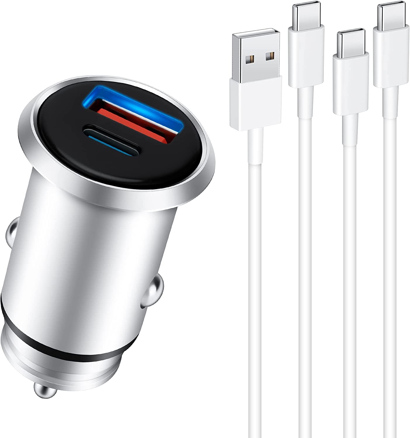 CREAPICO 38W USB-C Fast Car Charger with 2 Type-C Cables - Silver