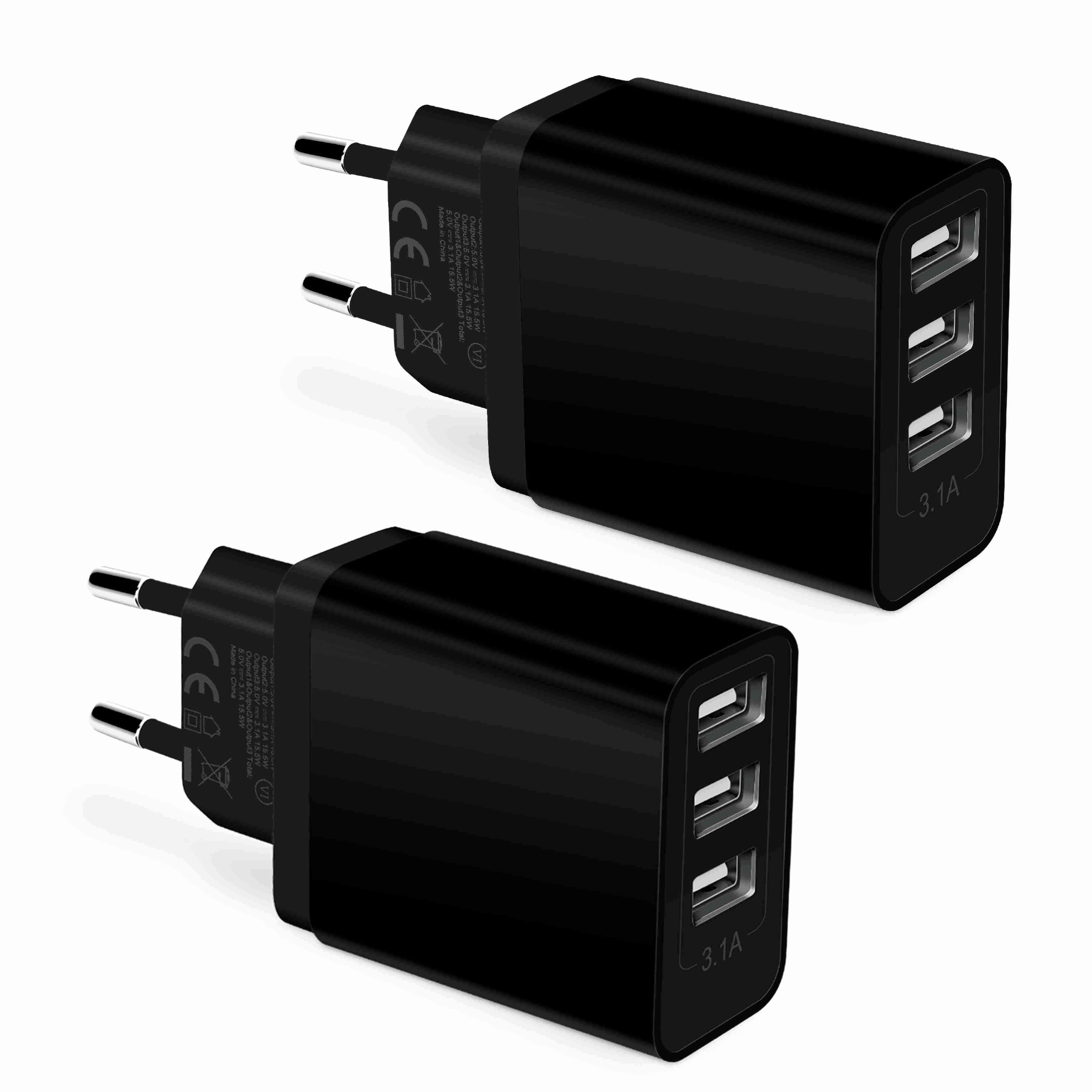 CREAPICO USB Charger with 3 Ports (2 pieces), 15W Multiple USB Plugs, 5V/3A USB Power Adapter Compatible with Samsung, iPhone, Xiaomi, OPPO, Nokia, Realme, Moto, vivo, OnePlus, HUAWEI, Google and More - Black